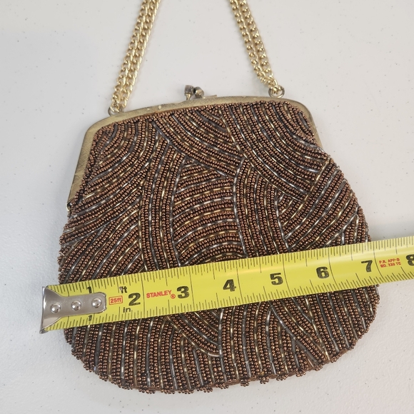 Vintage 1960s MCM Beaded Evening Bag Clutch Purse Brown Gold Bridal Bag Kisslock - Picture 10 of 10